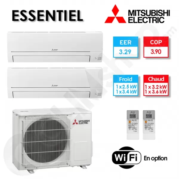 Bi-split clim réversible Mitsubishi Electric Essentiel MXZ-2HA50VF + 1 x MSZ-HR35VF + 1 X MSZ-HR25VF- (5,0 kW)