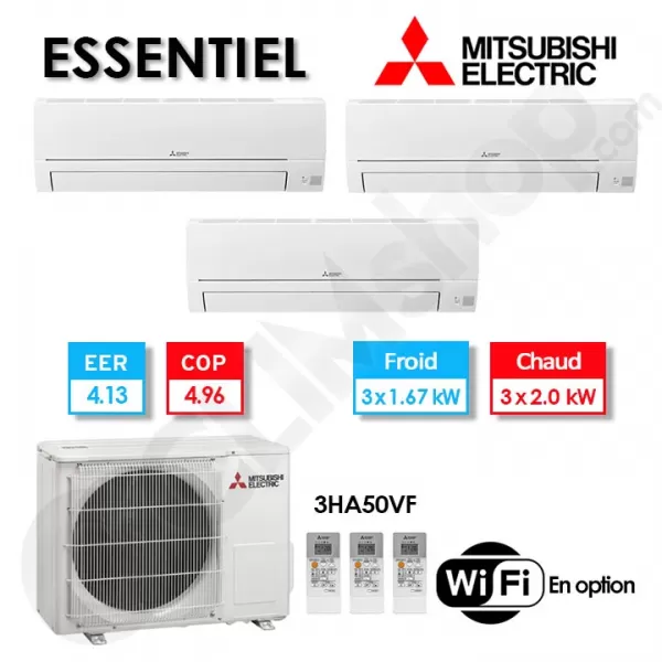 Tri-split clim réversible Mitsubishi Electric Essentiel MXZ-3HA50VF + 3 x MSZ-HR25VF (5.0 kW)