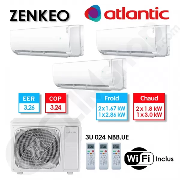 Clim Tri-split Atlantic ZENKEO 3U 024 NBB.UE + 2 x AS 007 NBB.UI + 1 x AS 012 NBB.UI - (6.2 KW)