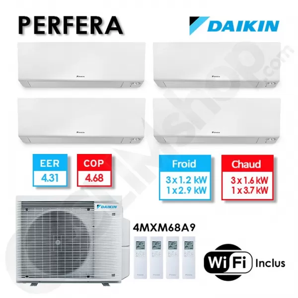 Quadri-split Daikin climatisation 4MXM68B9 + 3 CTXM15A + 1 FTXM35A - R32 (6.8kW)