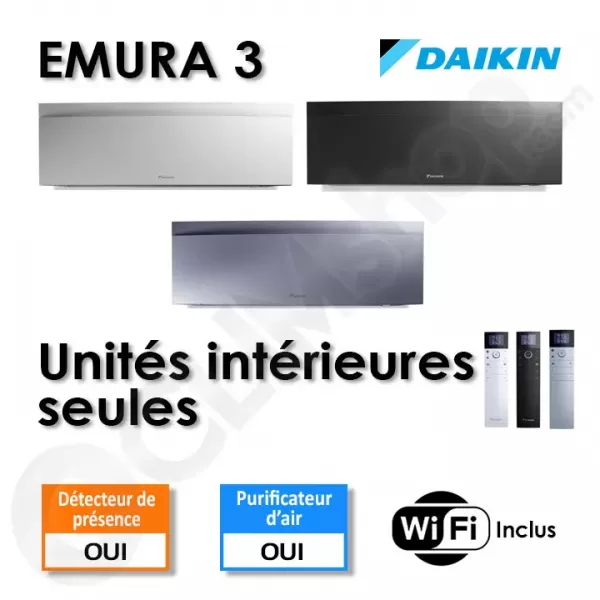 Unités intérieures Emura 3 Daikin FTXJ20A W/B/S - FTXJ25A W/B/S - FTXJ35A W/B/S - FTXJ50A W/B/S - Wifi intégré