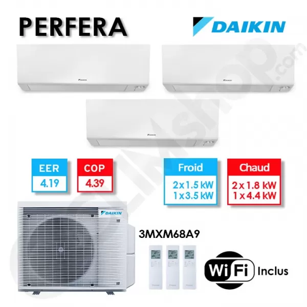 Tri-split Daikin climatisation 3MXM68B9 + 2 CTXM15A + 1 FTXM35A - R32 (6 kW)