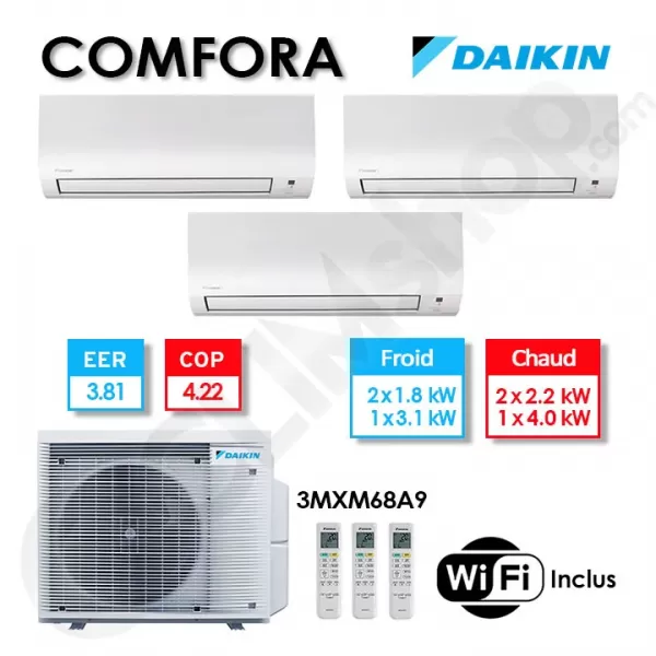 Tri-split Daikin climatisation 3MXM68B9 + FTXP20N + FTXP20N + FTXP35N - WIFI - R32 (6 kW)