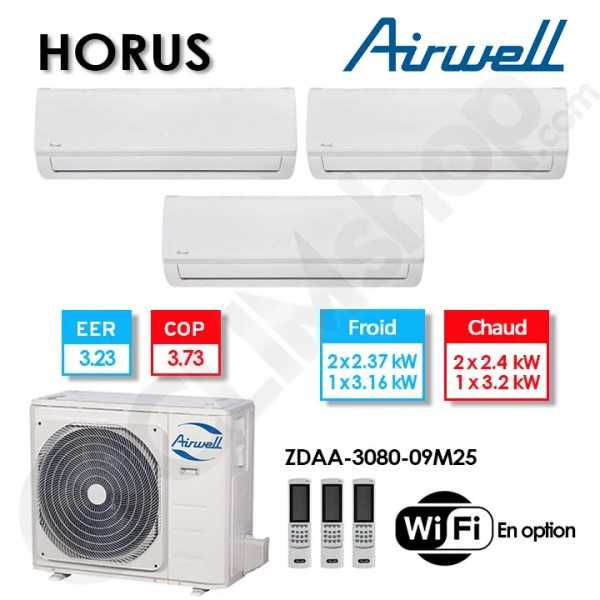 Tri-split Airwell climatisation ZDAA-3080-09M25 + 2 x HDLA-025N-09M25 + HDLA-035N-09M25 (7.9 kW)