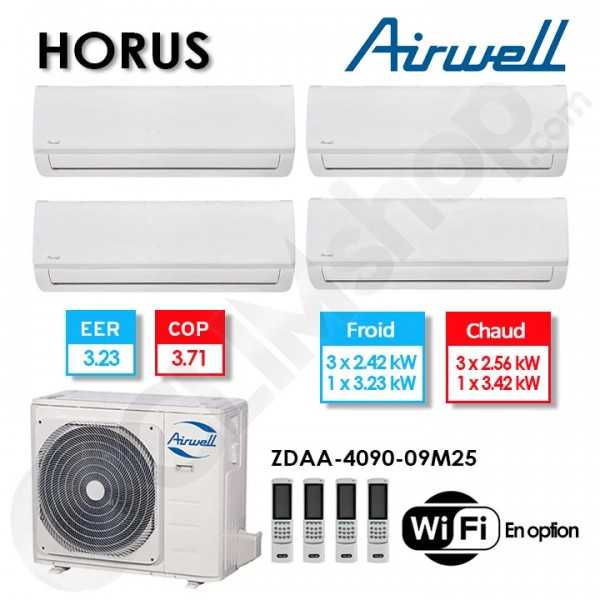 Quadri-split Airwell climatisation ZDAA-4090-09M25 + 3 x HDLA-025N-09M25 + HDLA-035N-09M25 (10.5 kW)